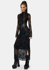 Hexborn Baba Yaga High Neck Flocked Long Sleeve Mesh Maxi Dress