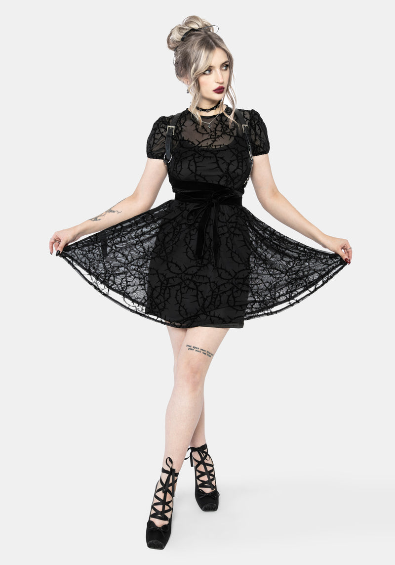 little black dress mesh sleeves Prickle Thorn Print Mesh Puff Sleeve Mini Dress