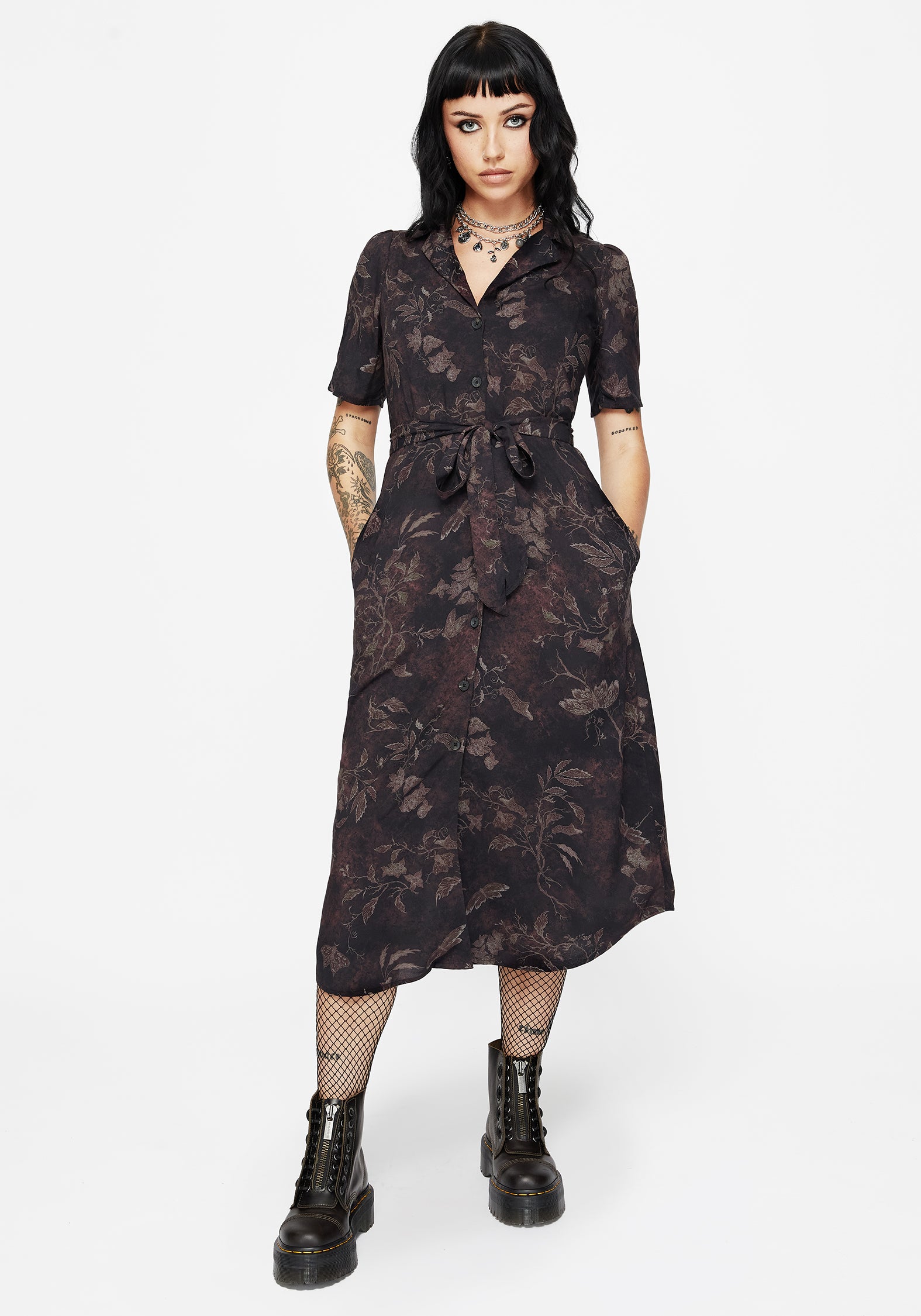 Ashmire Wald Motte Druck Midi Gürtel Hemd Kleid