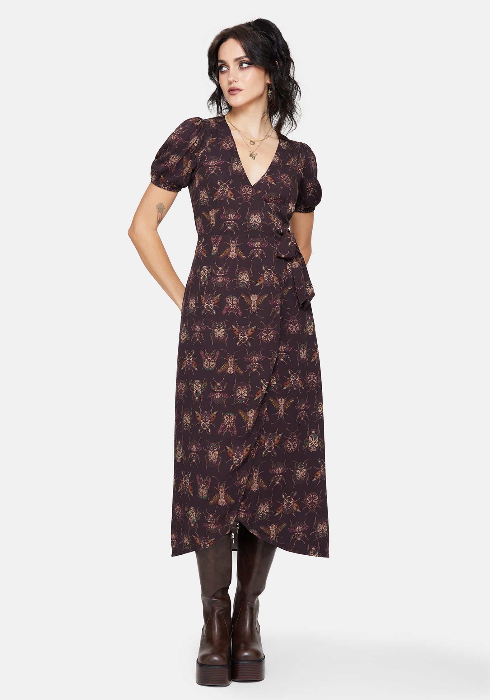 Scorn Käfer Bedruckt Wickel Midi Kleid