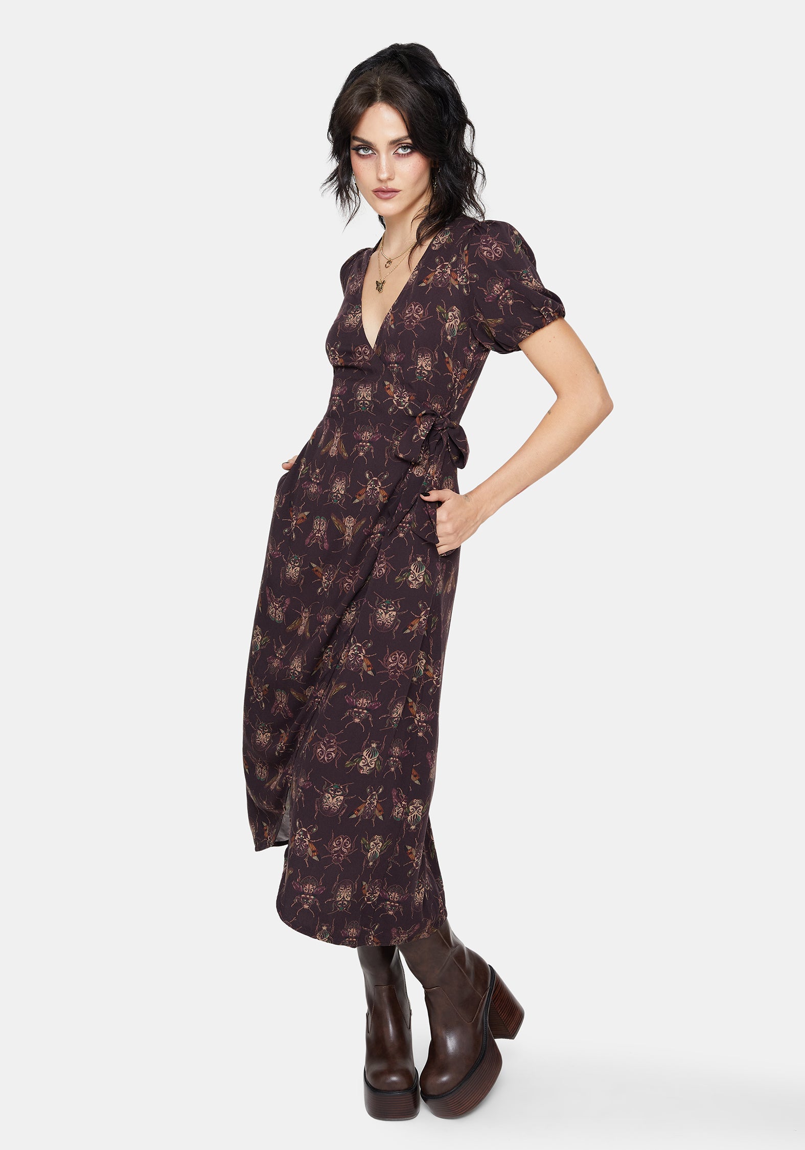 Scorn Käfer Bedruckt Wickel Midi Kleid