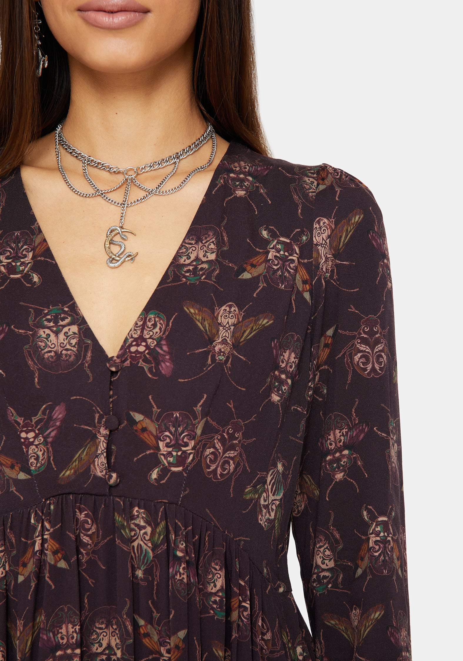 Scorn Käfer Bedruckt Lang Ärmel Mini Kleid
