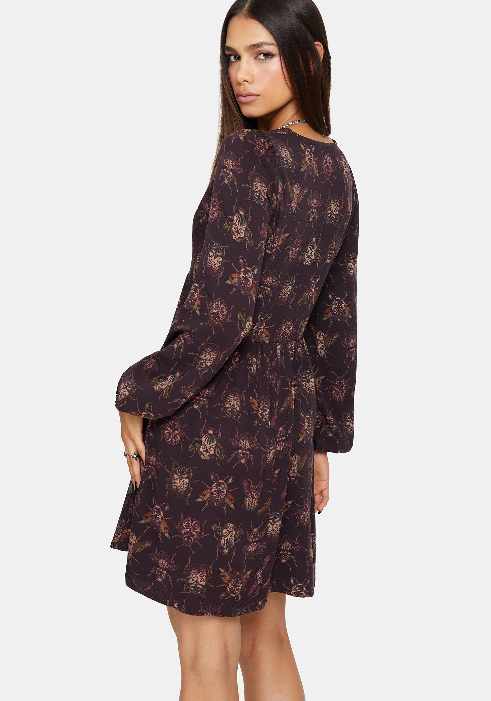 Scorn Käfer Bedruckt Lang Ärmel Mini Kleid