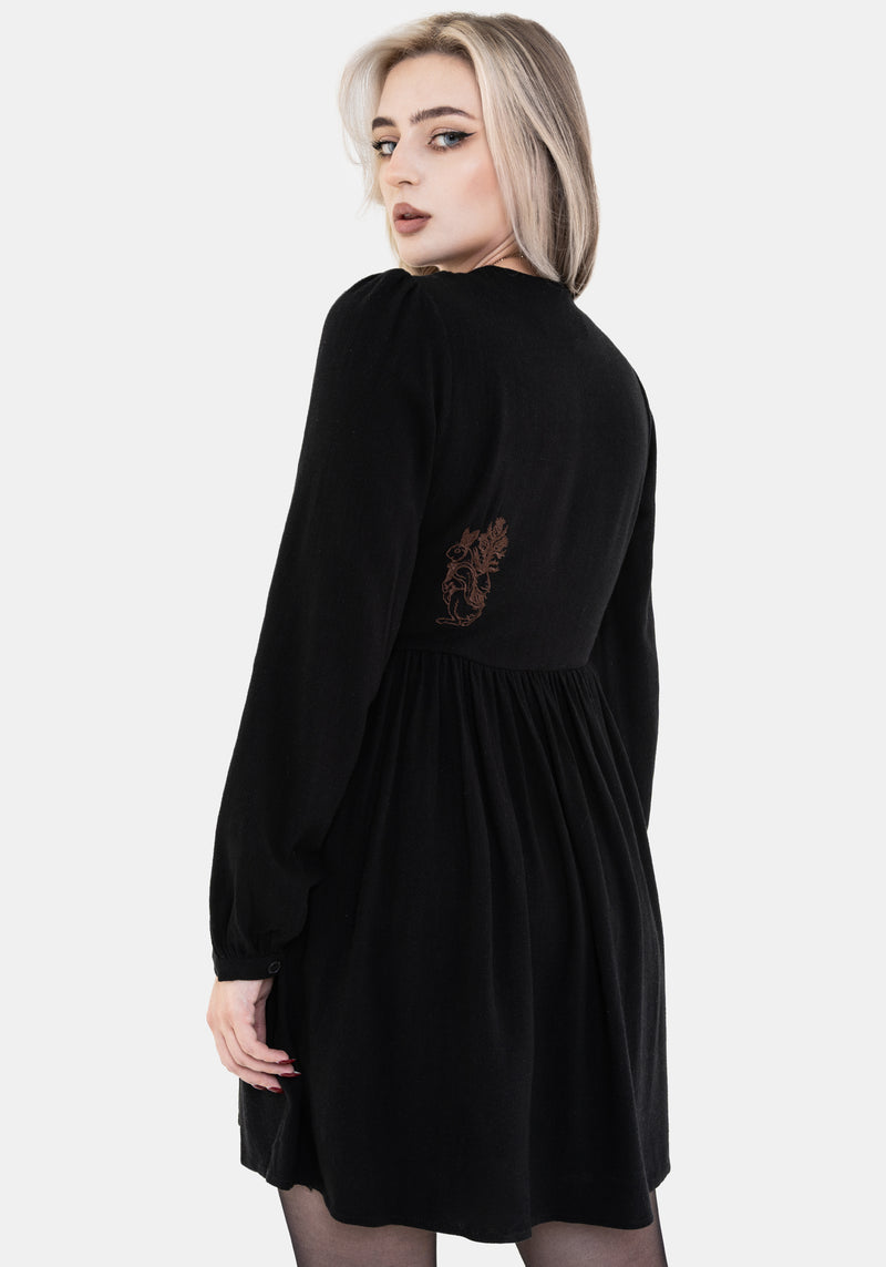 chinese dress ladies Hexborn Linen-Blend Baba Yaga Embroidered Long Sleeve Mini Dress – Disturbia