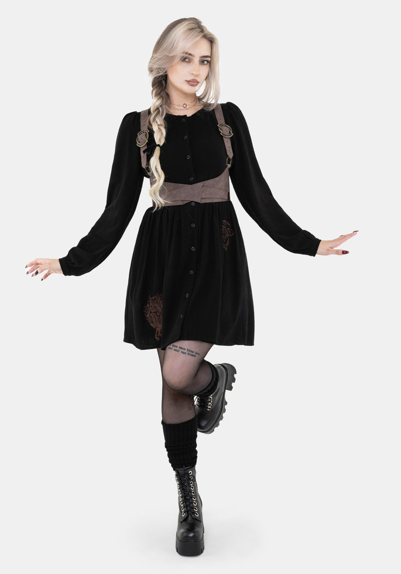 Hexborn Linen-Blend Baba Yaga Embroidered Long Sleeve Mini Dress – Disturbia