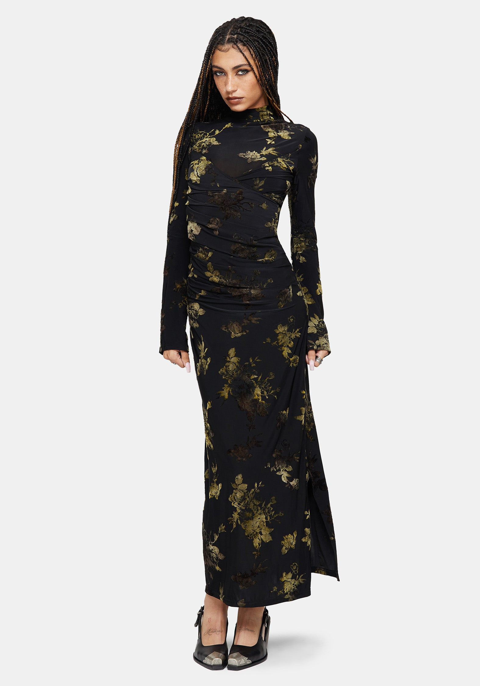 Velda Floral Flocked Mesh Maxi Dress