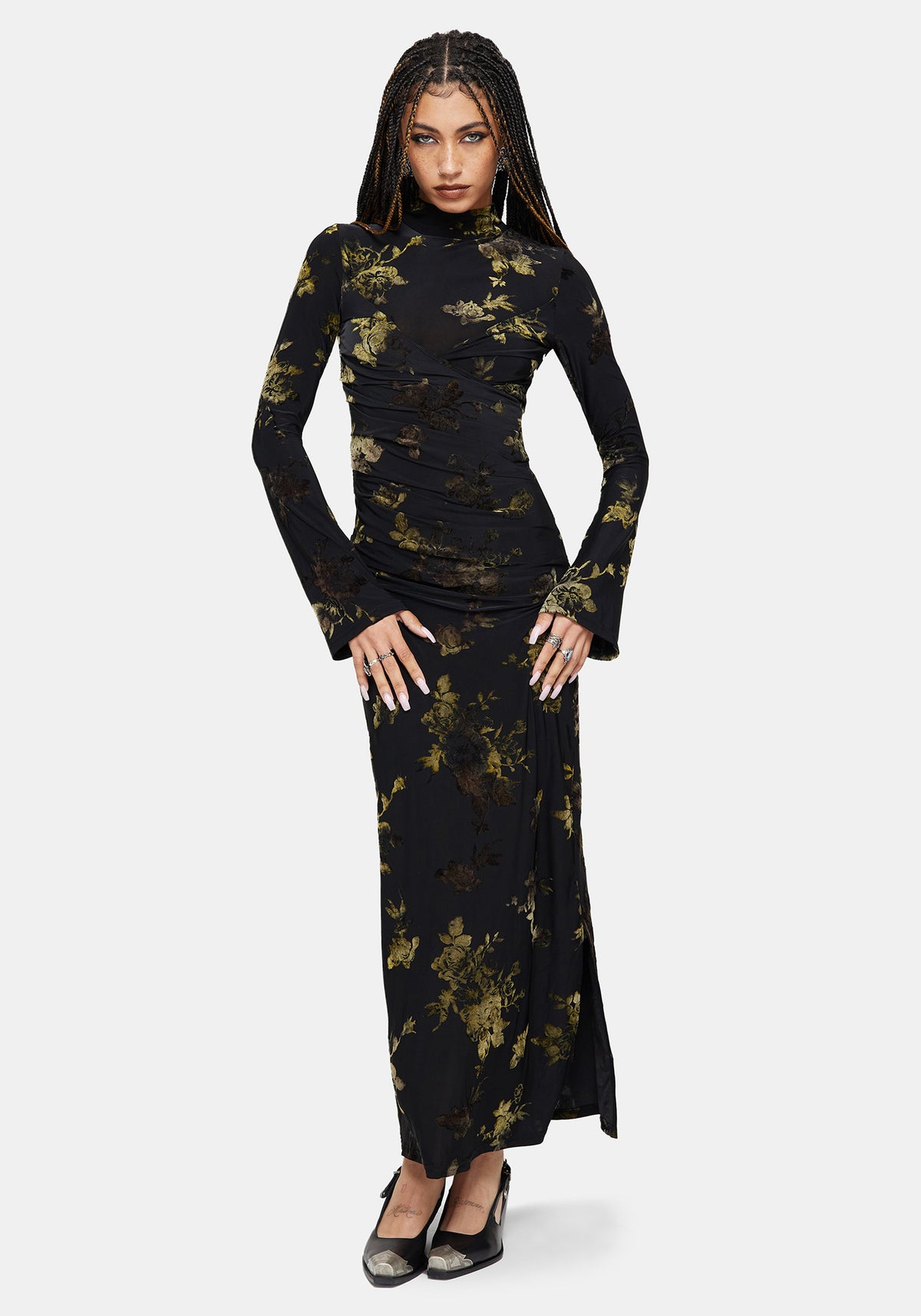 Velda Blumenmuster Beflockt Mesh Maxi Kleid