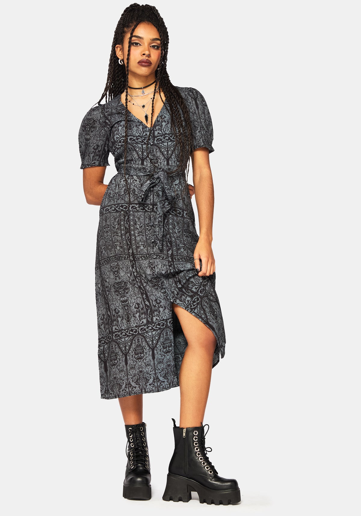 Fracture Cathedral Druck Knopf Runter Midi Kleid