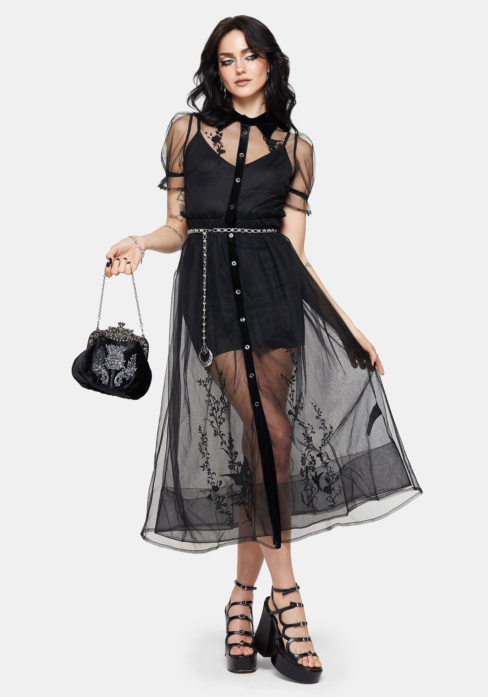 Aria Bestickt Tüll Knopf Hoch Midaxi Hemd Kleid