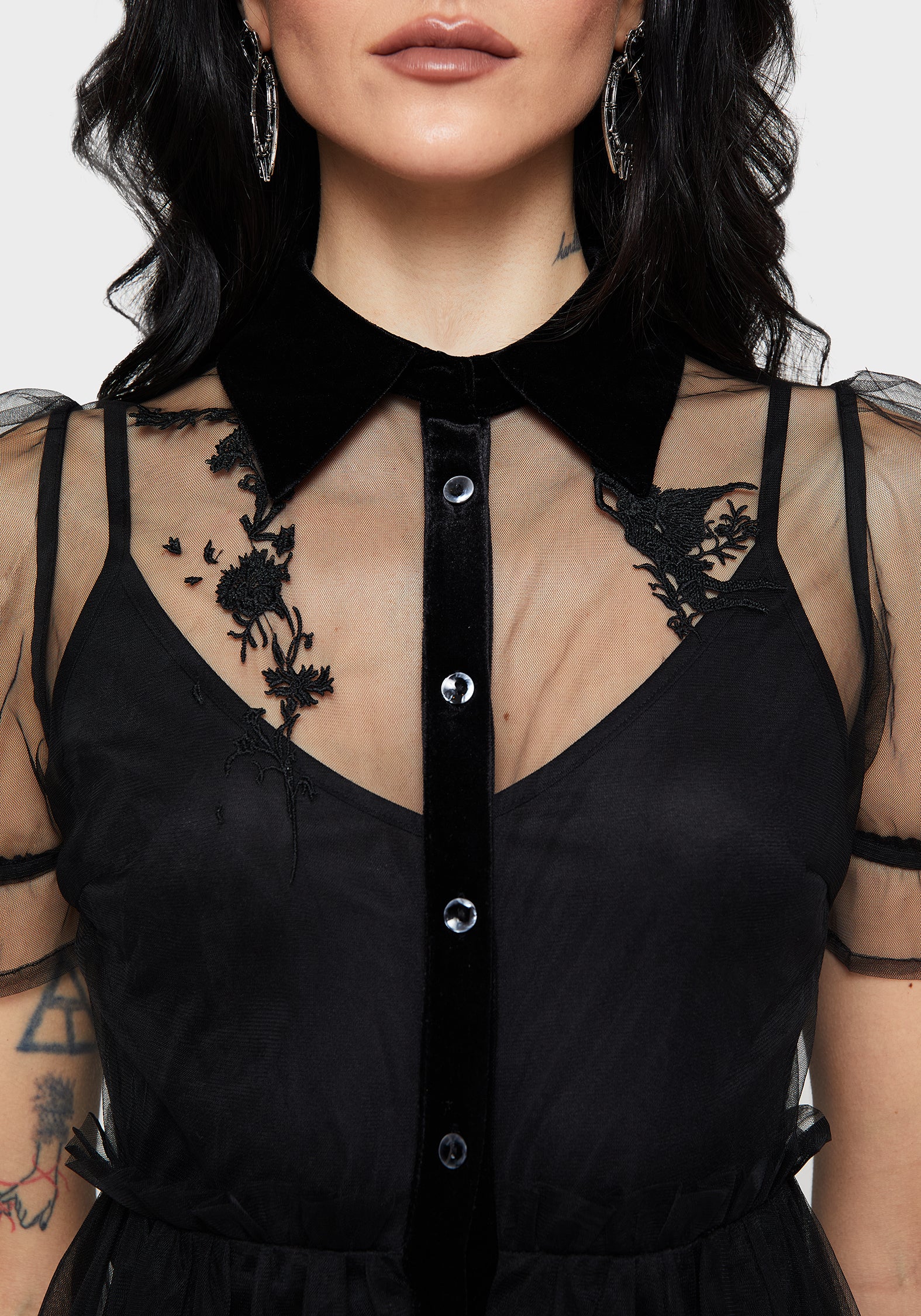 Aria Bestickt Tüll Knopf Hoch Midaxi Hemd Kleid