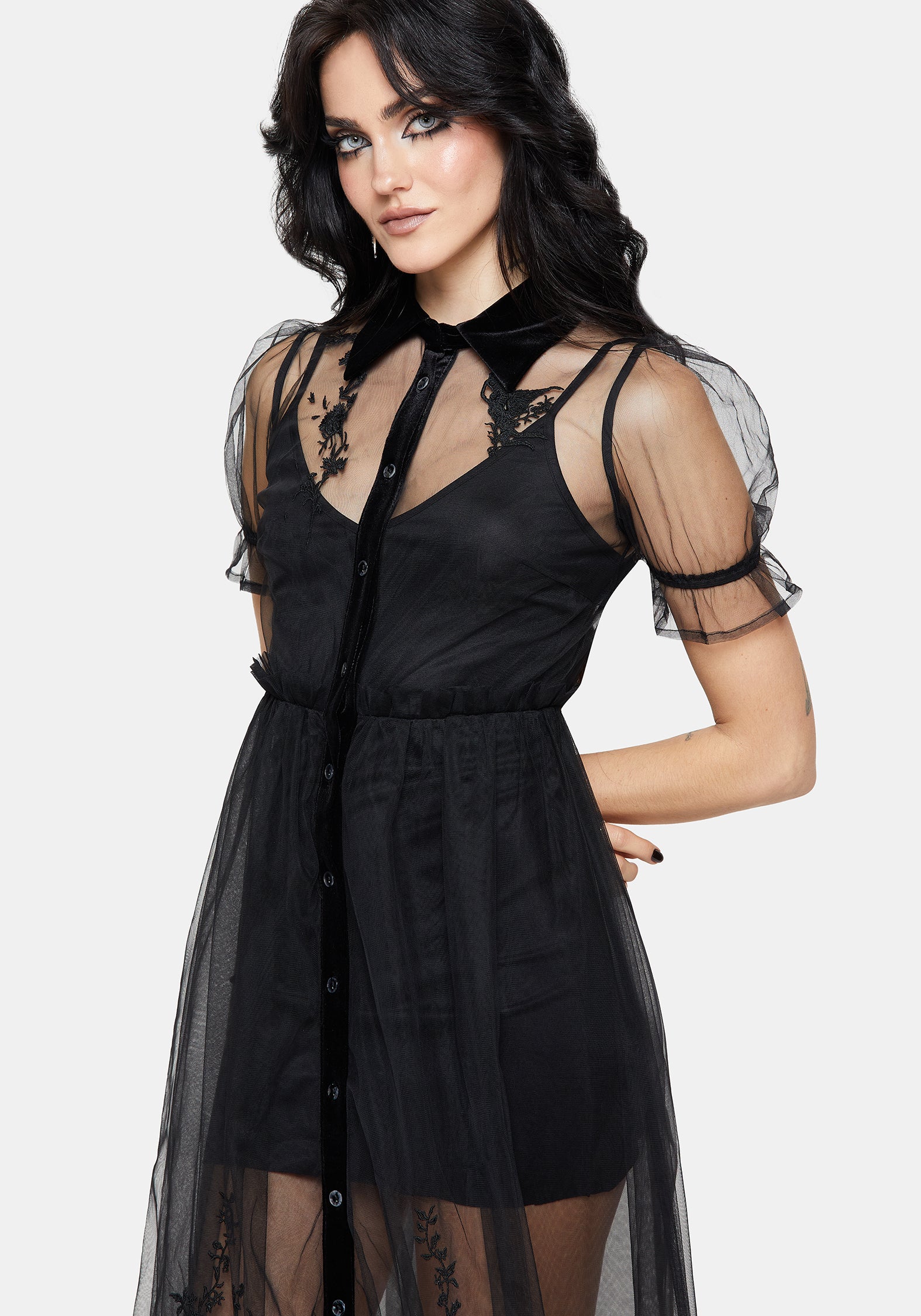 Aria Bestickt Tüll Knopf Hoch Midaxi Hemd Kleid