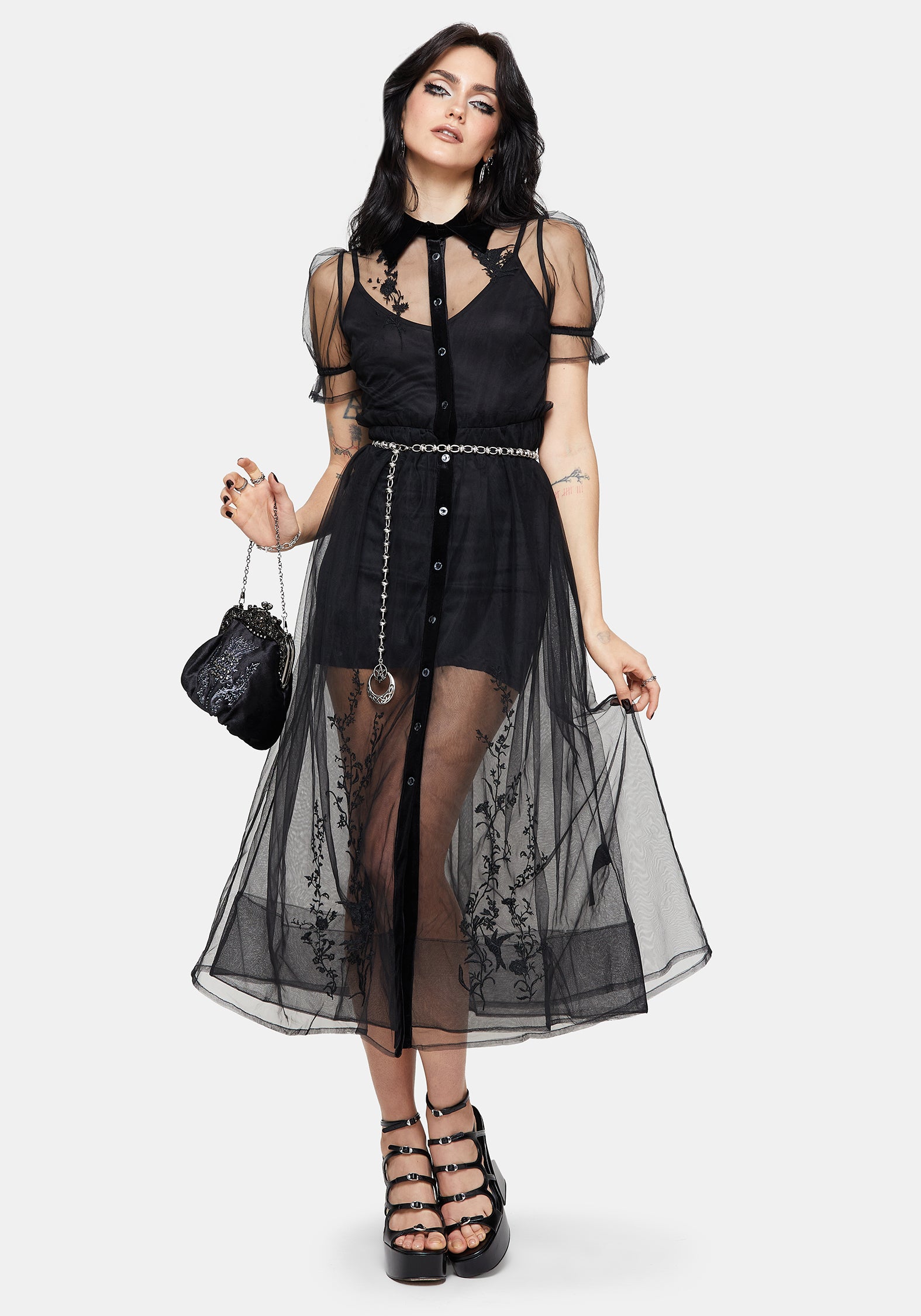 Aria Bestickt Tüll Knopf Hoch Midaxi Hemd Kleid