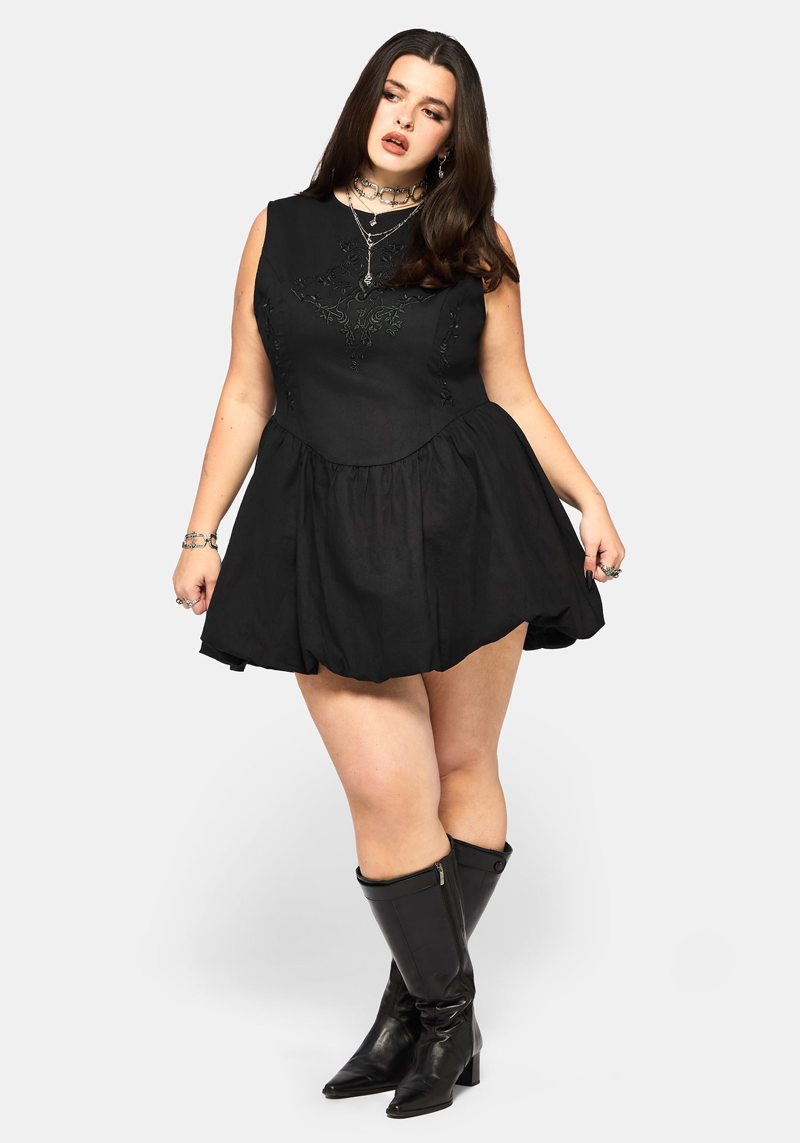 Ailis Ballon Saum Bestickt Mini Kleid