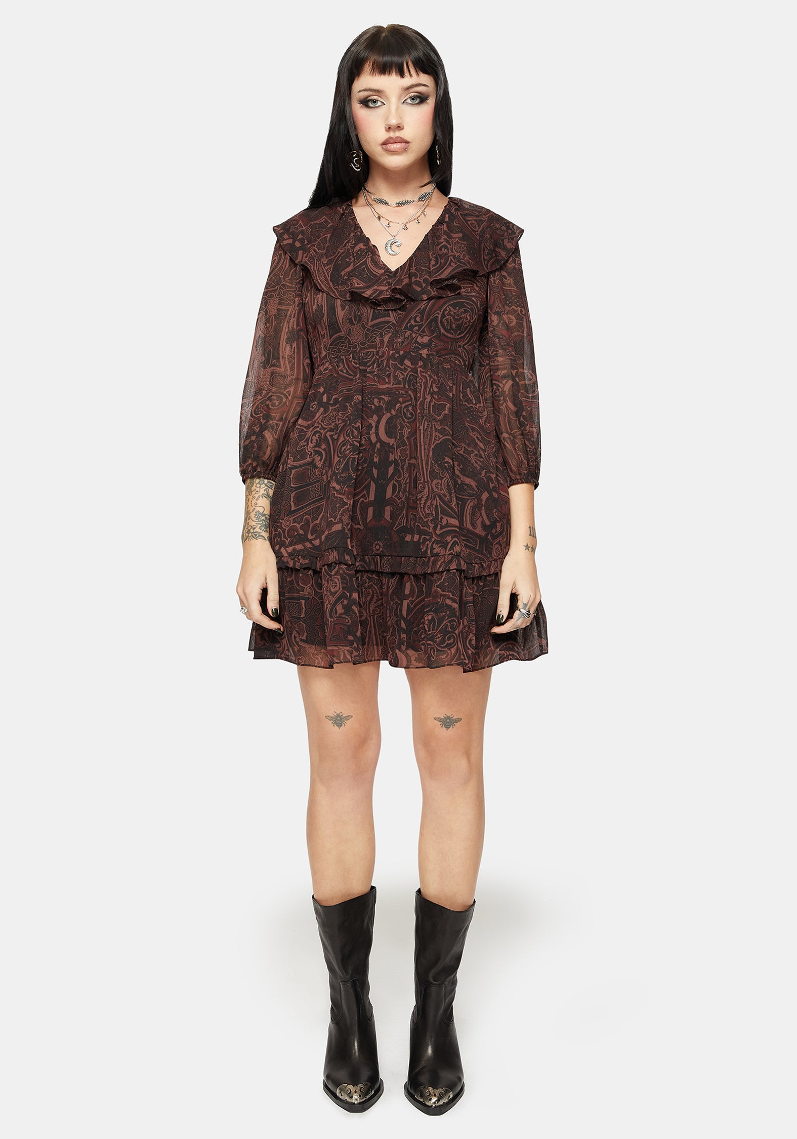 Kells Bedruckt Krawatte Rücken Rüsche Mini Kleid