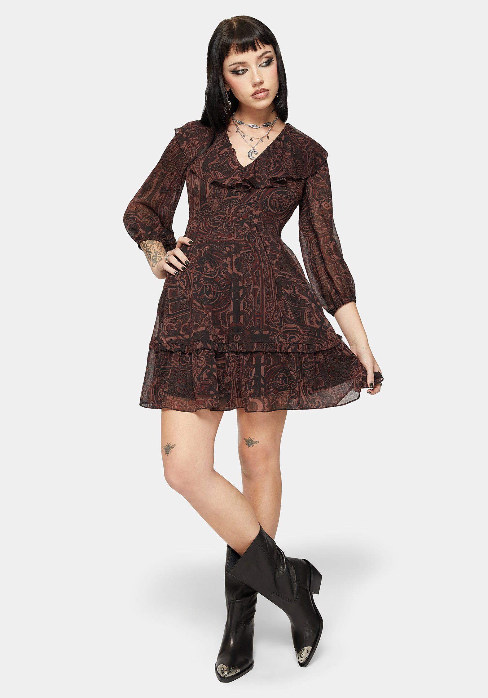 Kells Bedruckt Krawatte Rücken Rüsche Mini Kleid