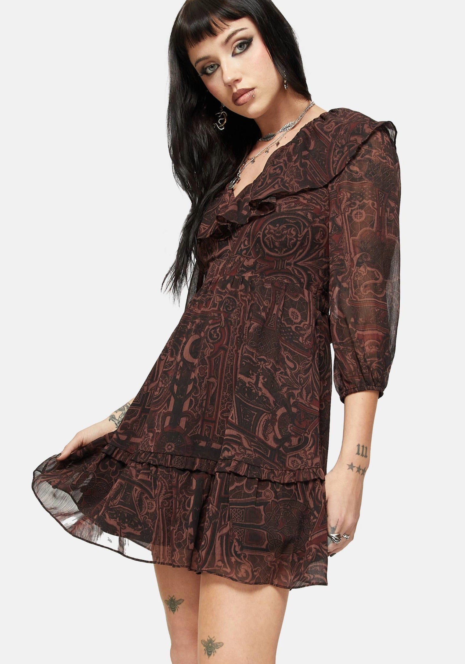 Kells Bedruckt Krawatte Rücken Rüsche Mini Kleid