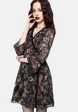 Mortua Grunge Blumenmuster Druck Spitze Besatz Mini Wickel Kleid