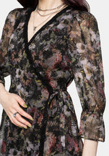 Mortua Grunge Blumenmuster Druck Spitze Besatz Mini Wickel Kleid