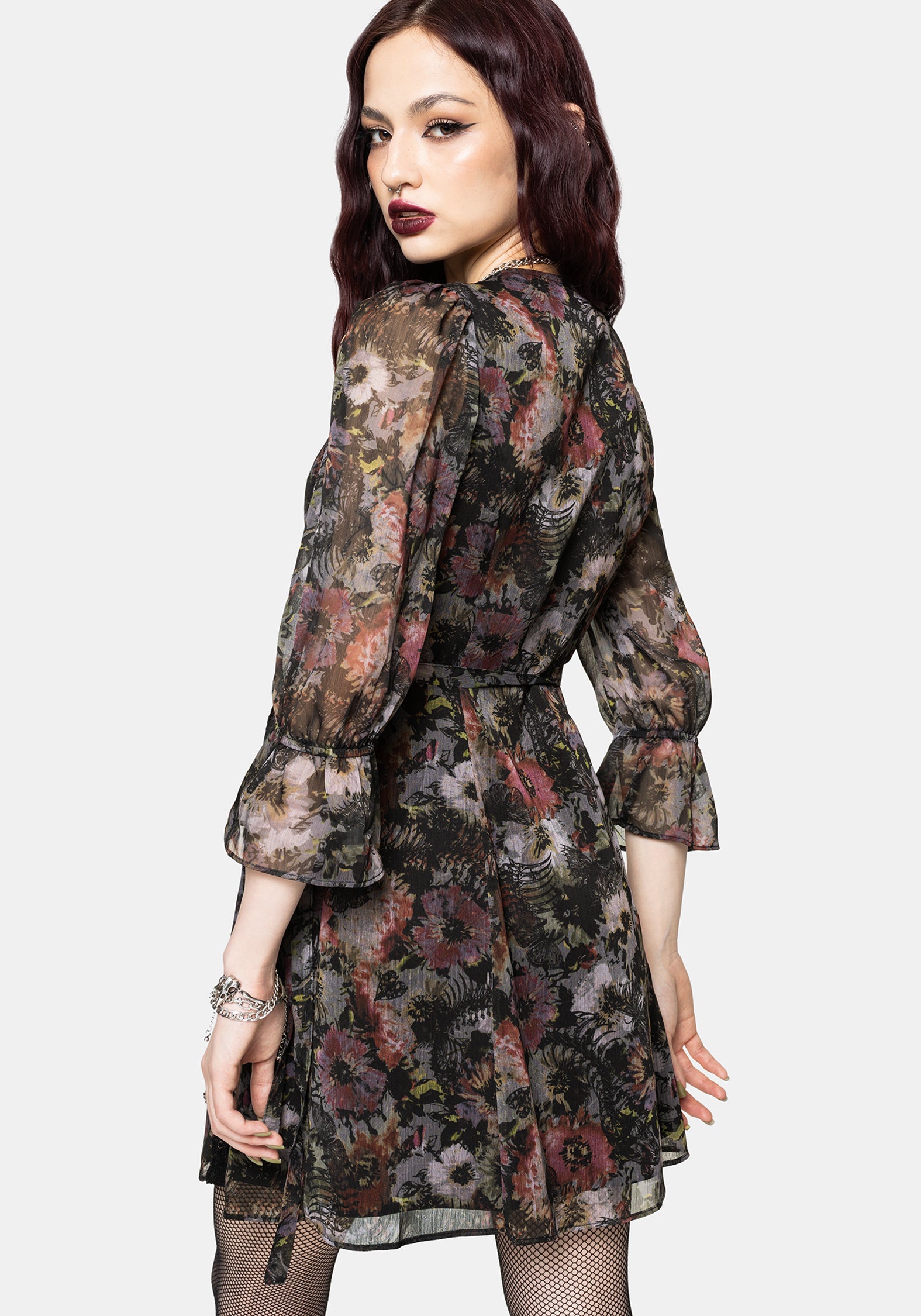 Mortua Grunge Blumenmuster Druck Spitze Besatz Mini Wickel Kleid