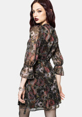 Mortua Grunge Blumenmuster Druck Spitze Besatz Mini Wickel Kleid