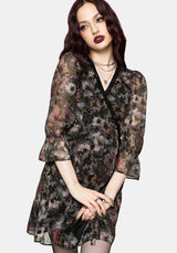Mortua Grunge Blumenmuster Druck Spitze Besatz Mini Wickel Kleid