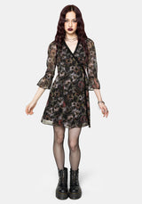 Mortua Grunge Blumenmuster Druck Spitze Besatz Mini Wickel Kleid