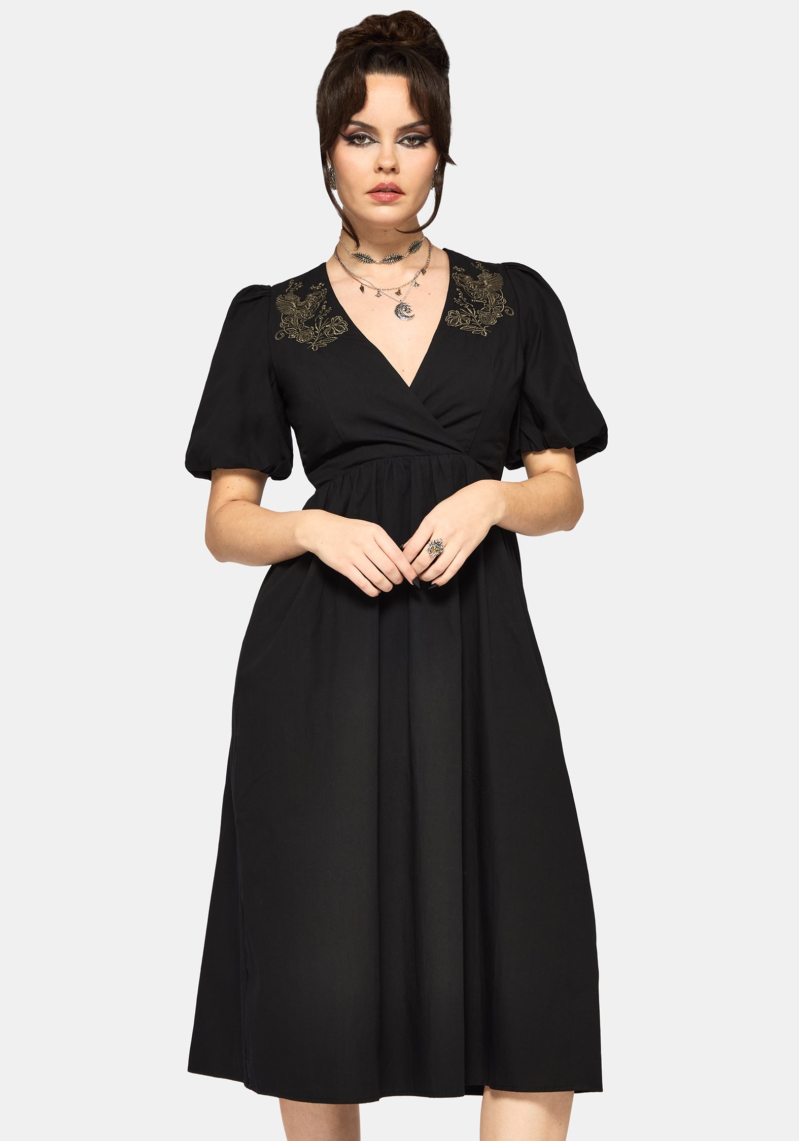 Fleux Phönix Bestickt Wickel Midi Kleid
