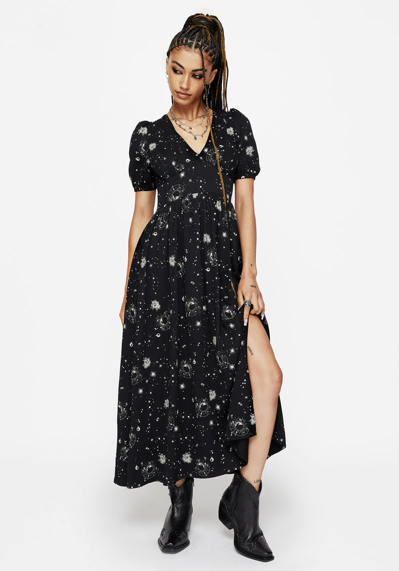 Comet Celestial Printed Puff Sleeve Midaxi Dress