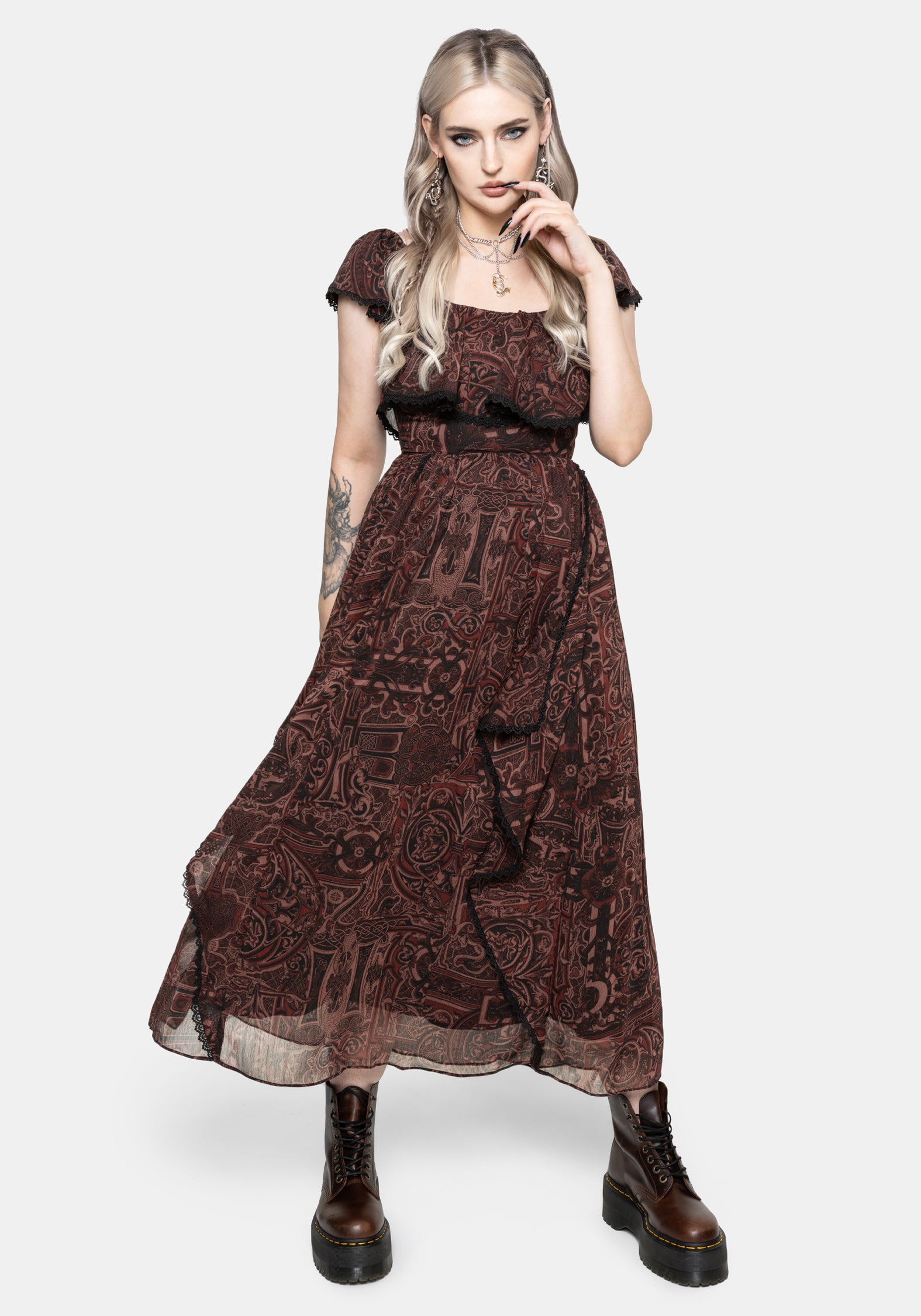 Kells Rüschen Ärmel Spitze Besatz Midaxi Kleid