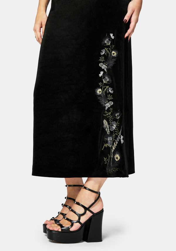 Bluesow Feather & Thistles Embroidered Velour Slip Maxi Dress