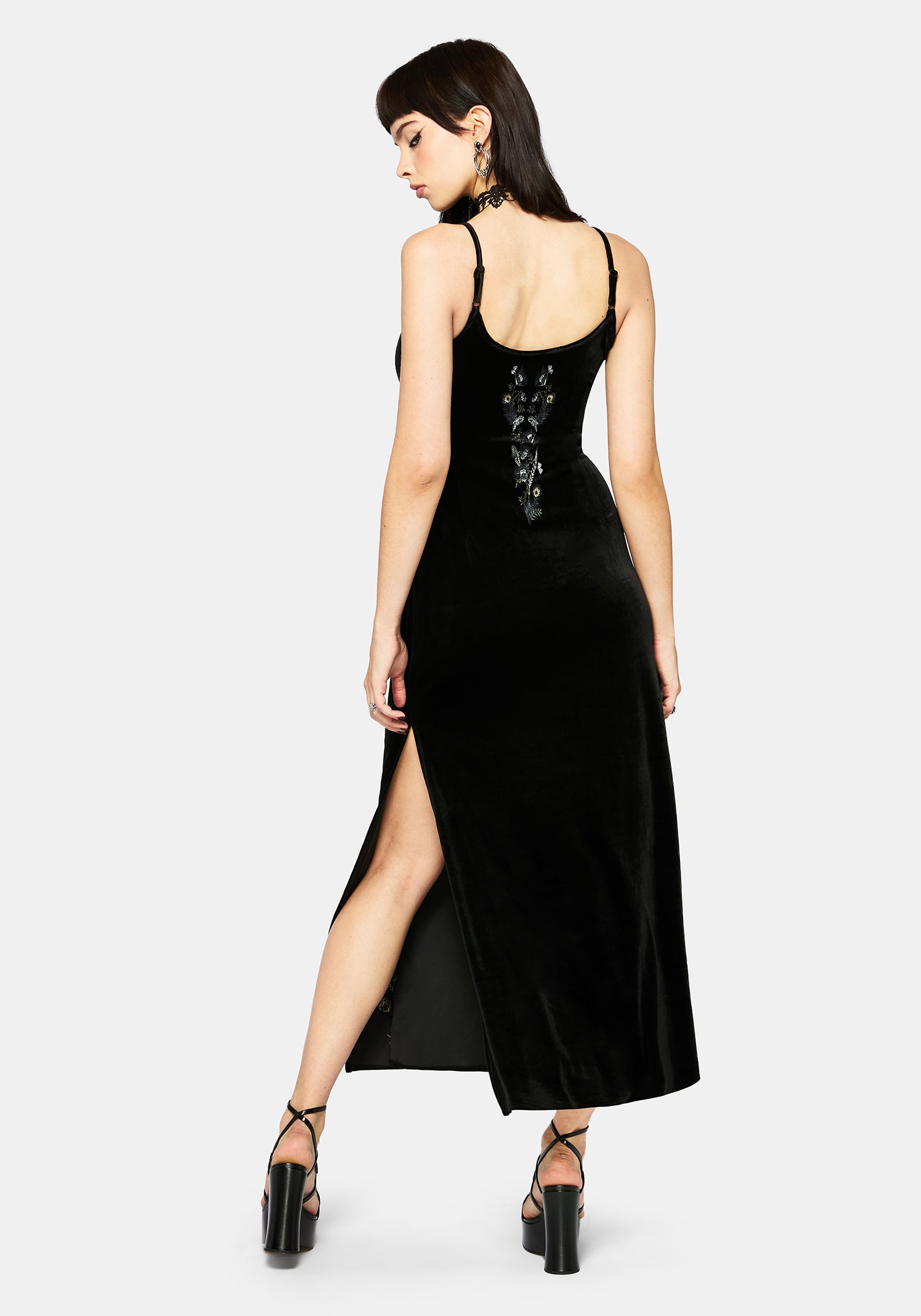 Bluesow Feather & Thistles Bestickt Velours Slip Maxi Kleid