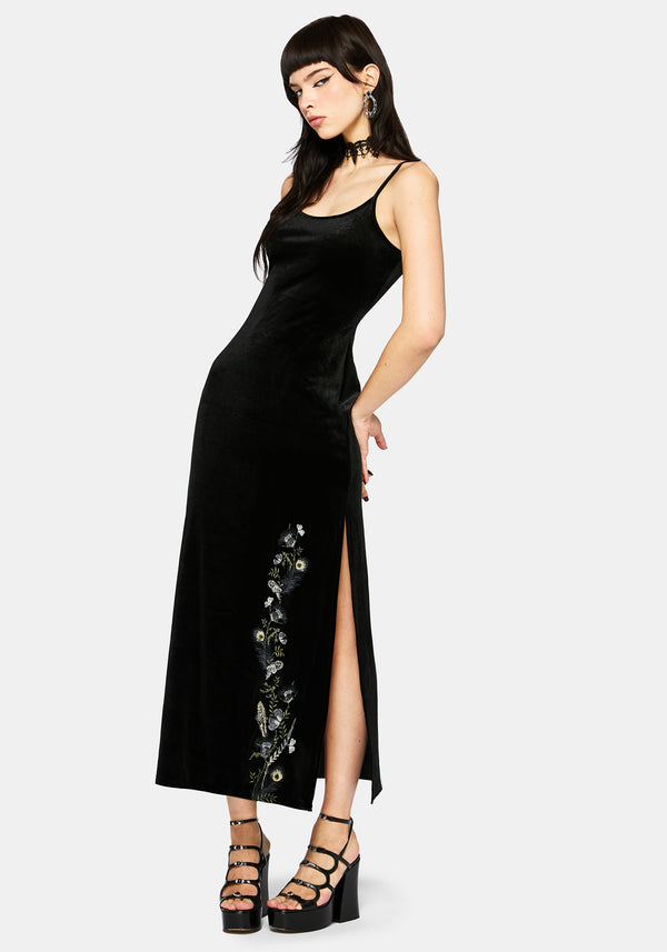 Bluesow Feather & Thistles Embroidered Velour Slip Maxi Dress
