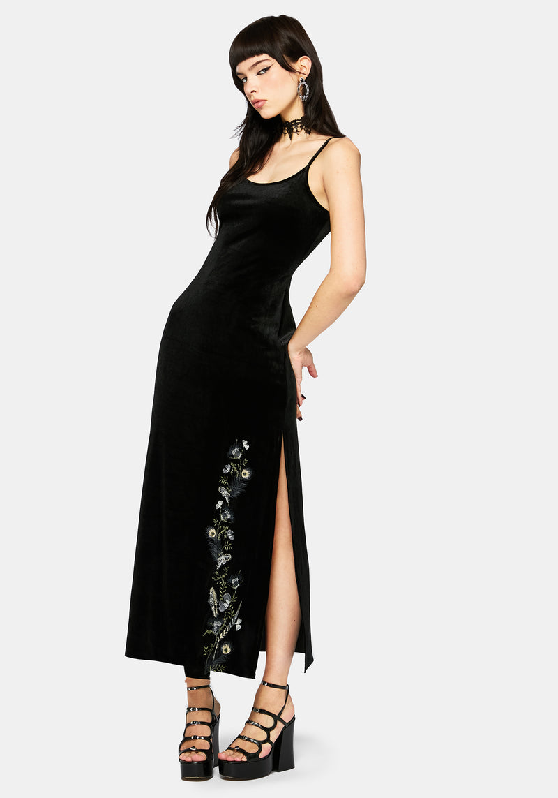 Bluesow Feather & Thistles Embroidered Velour Slip Maxi Dress