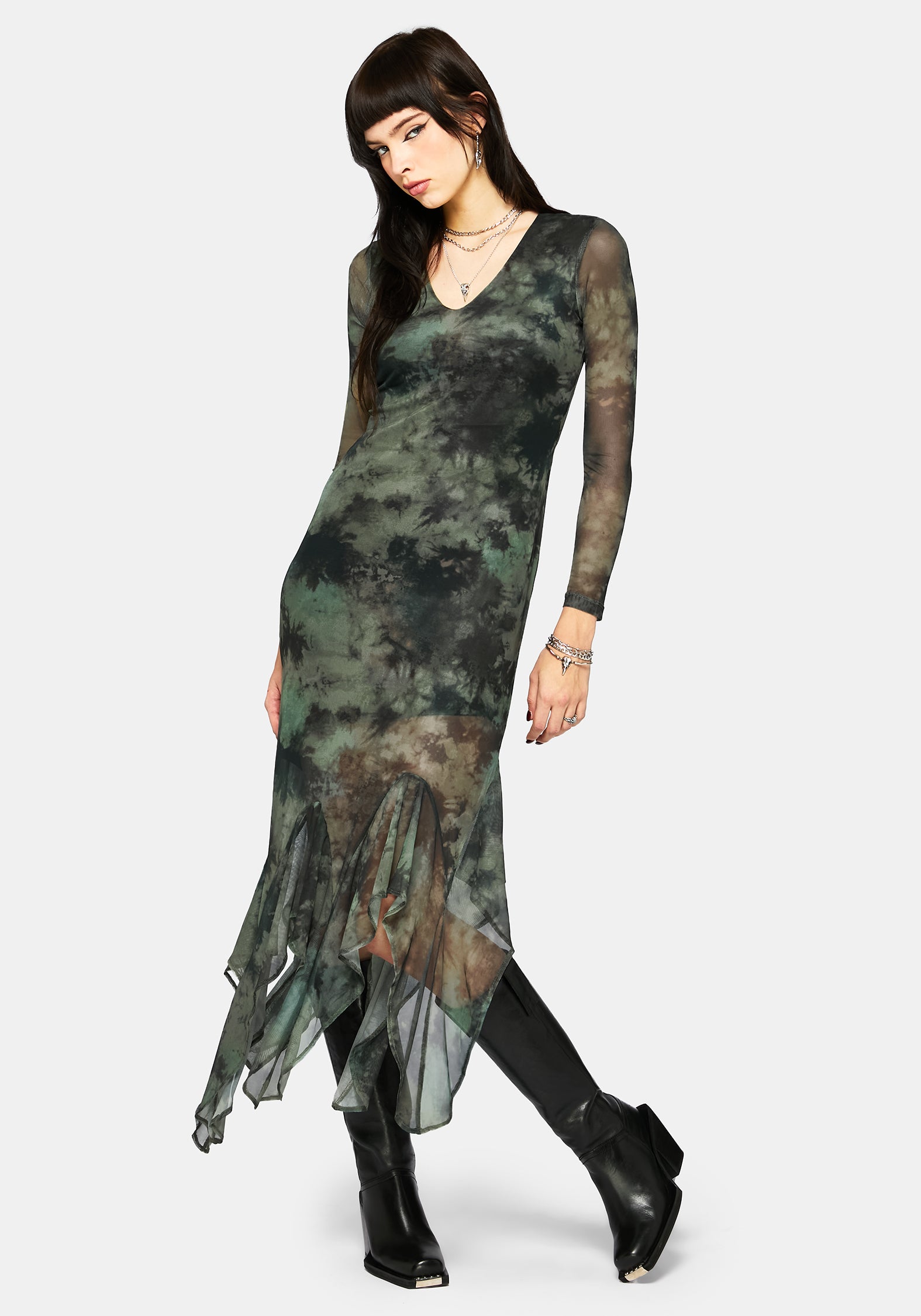 Nova Mesh Lang Ärmel Krawatte Färbung Maxi Kleid