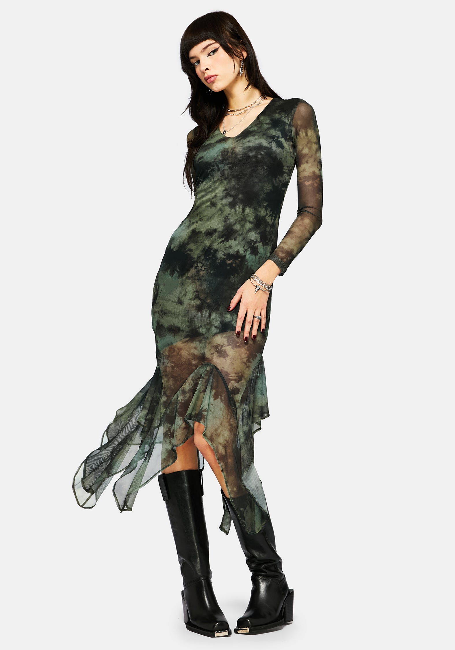 Nova Mesh Lang Ärmel Krawatte Färbung Maxi Kleid