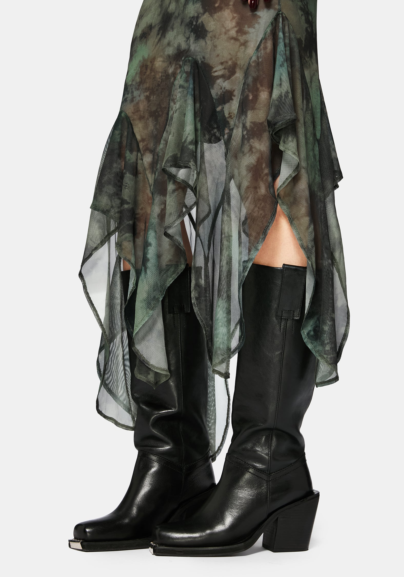 Nova Mesh Lang Ärmel Krawatte Färbung Maxi Kleid