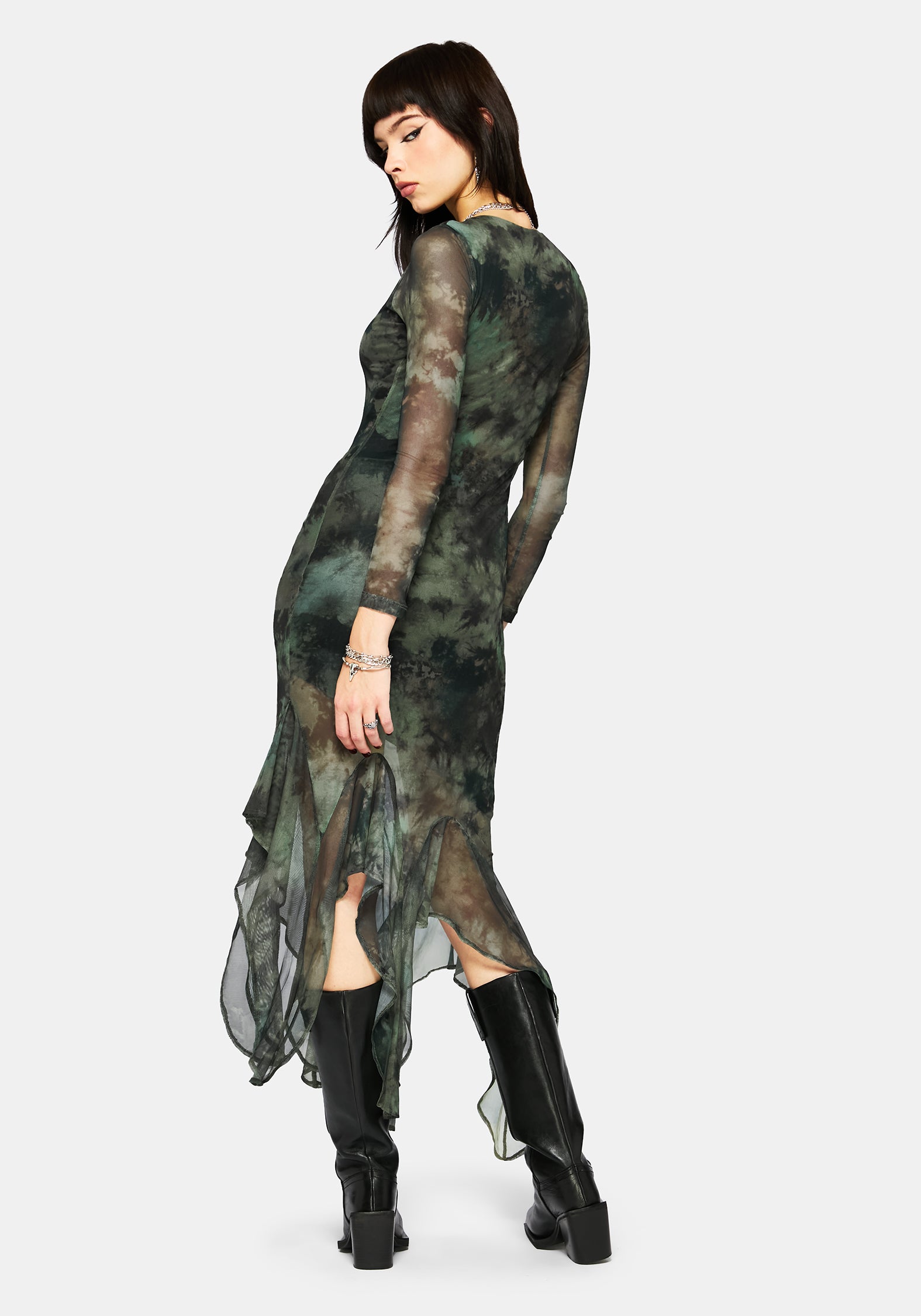 Nova Mesh Lang Ärmel Krawatte Färbung Maxi Kleid