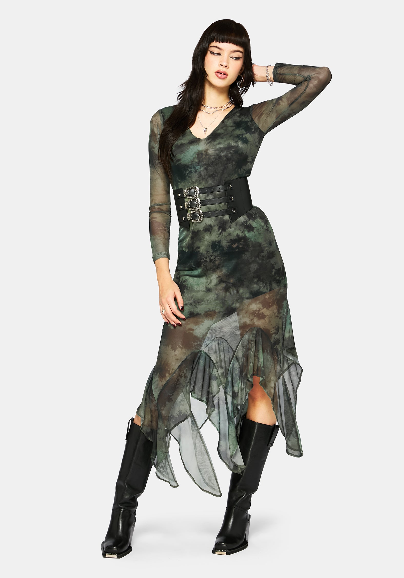 Nova Mesh Lang Ärmel Krawatte Färbung Maxi Kleid