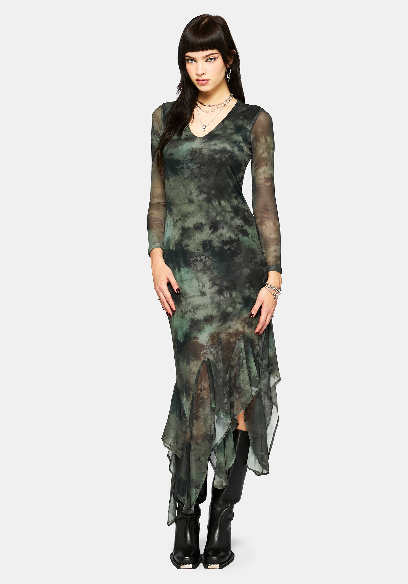 Nova Mesh Lang Ärmel Krawatte Färbung Maxi Kleid