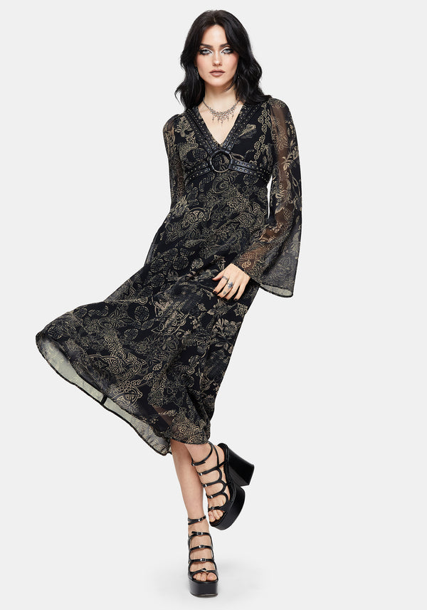 Surge Celtic Print Ruffle Neck Midi Dress