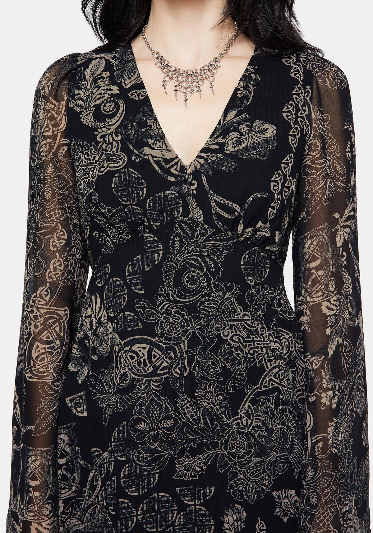 Surge Celtic Druck Rüsche Hals Midi Kleid