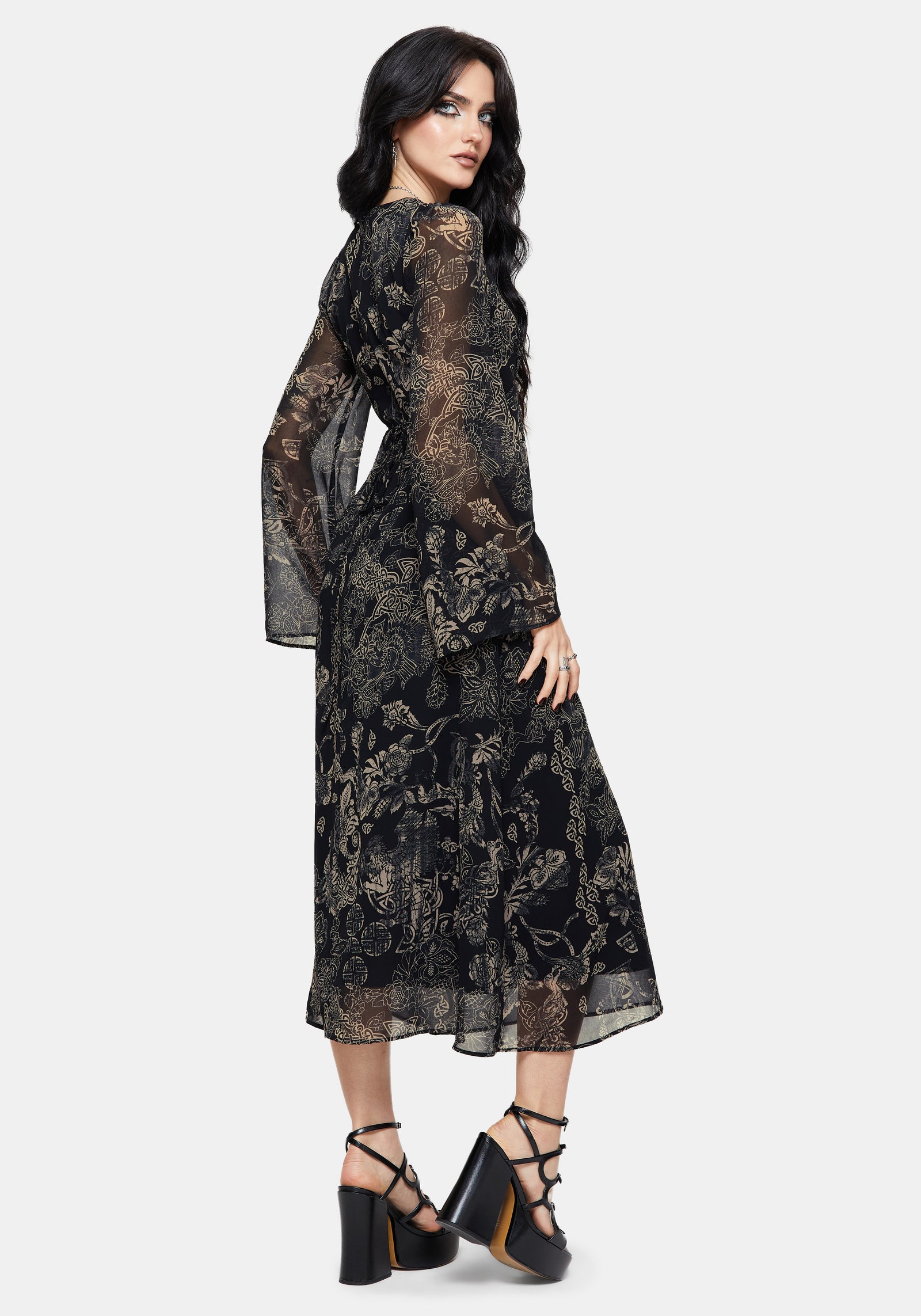Surge Celtic Print Ruffle Neck Midi Dress