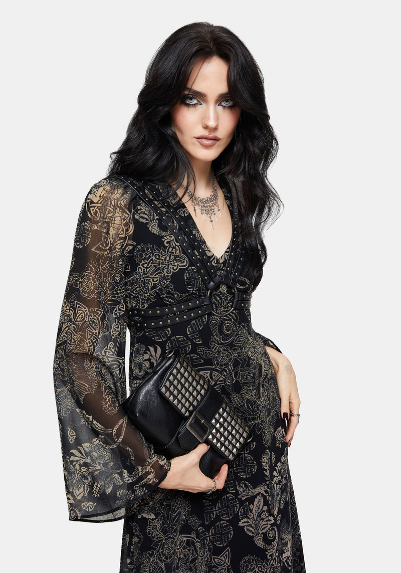 Surge Celtic Print Ruffle Neck Midi Dress