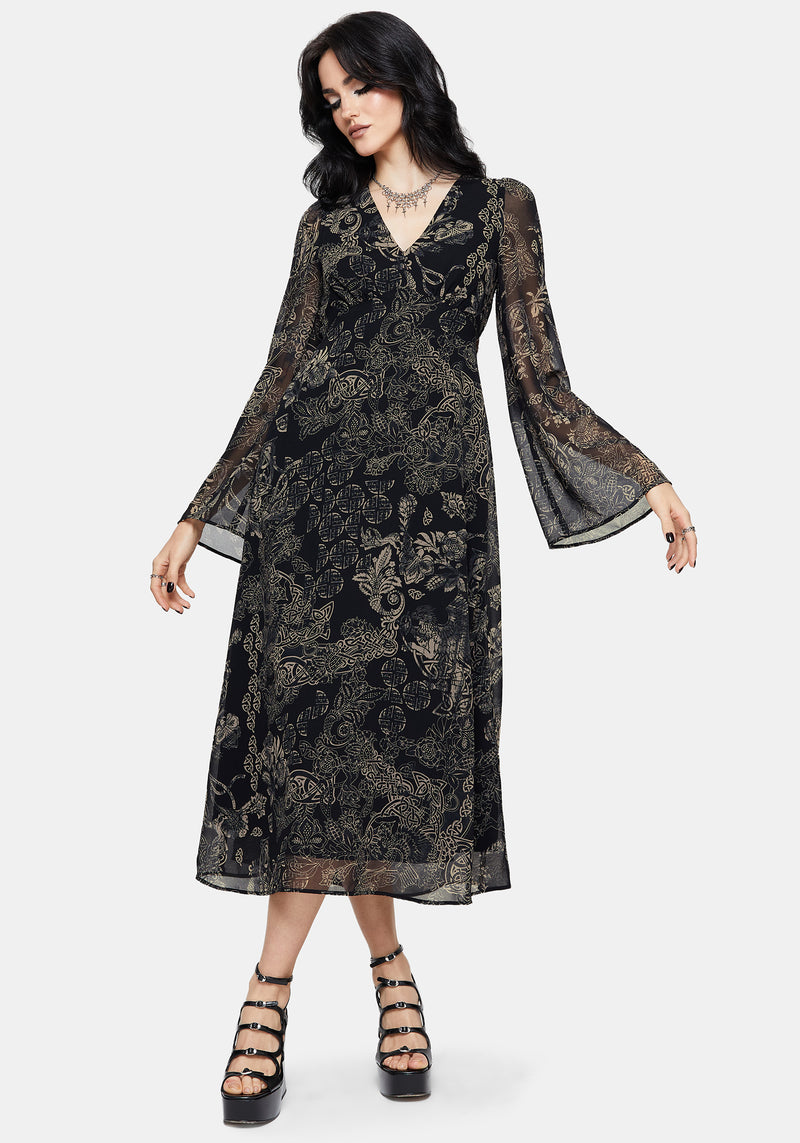 Surge Celtic Print Ruffle Neck Midi Dress