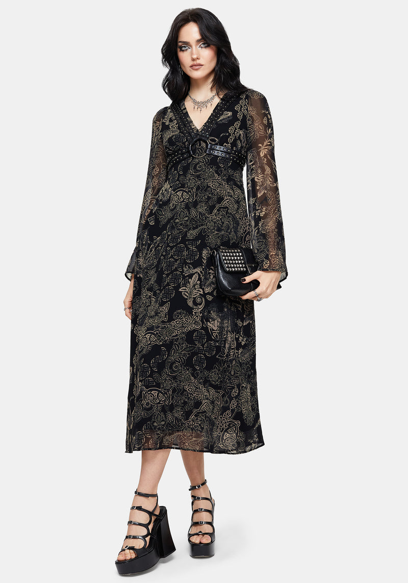 Surge Celtic Print Ruffle Neck Midi Dress