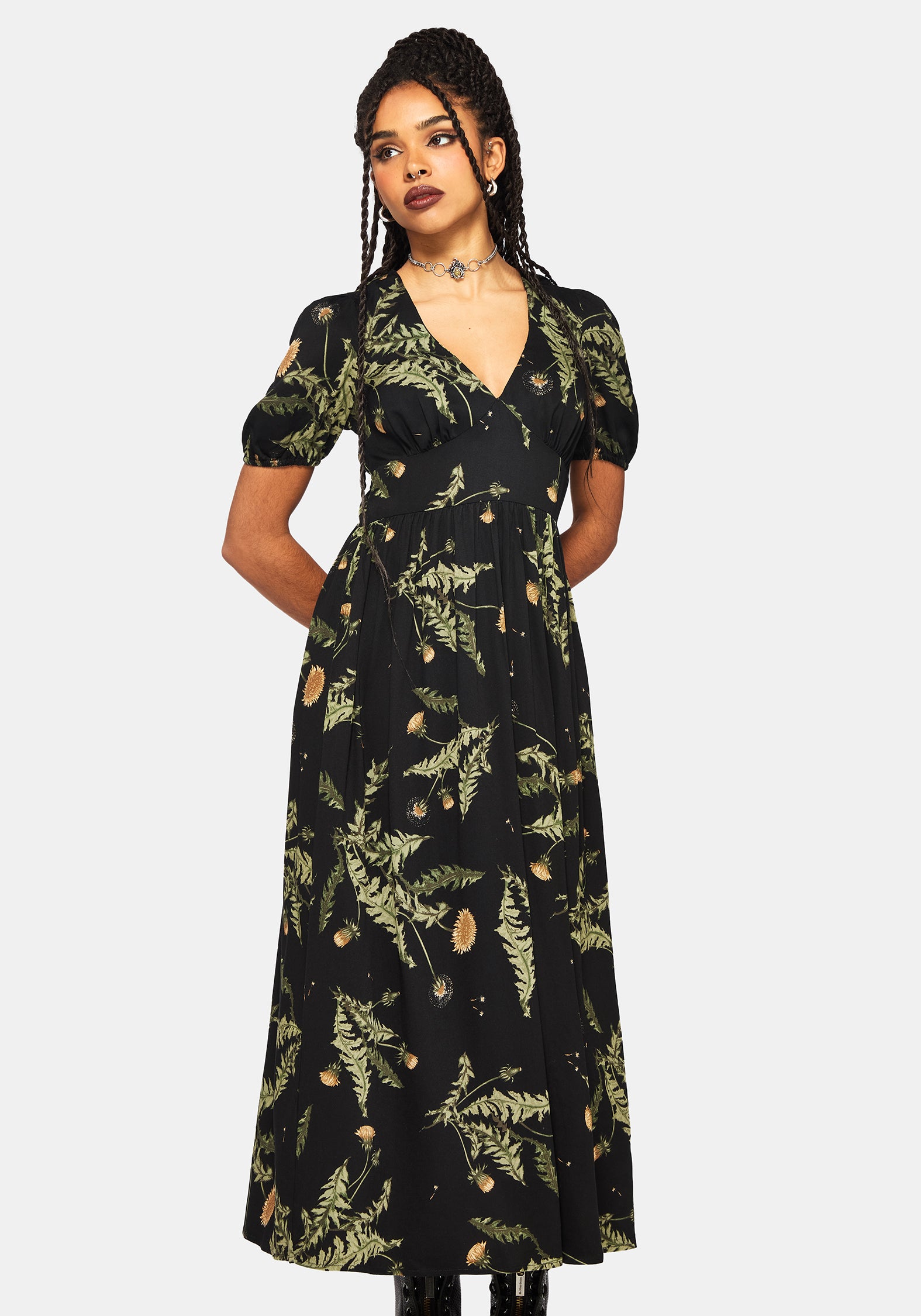 Cimora Löwenzahn Druck Puffärmel Ärmel Maxi Kleid