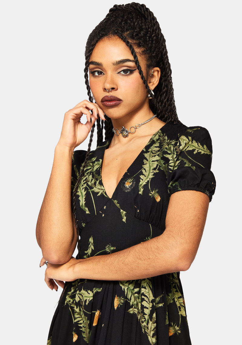 Cimora Dandelion Print Puff Sleeve Maxi Dress