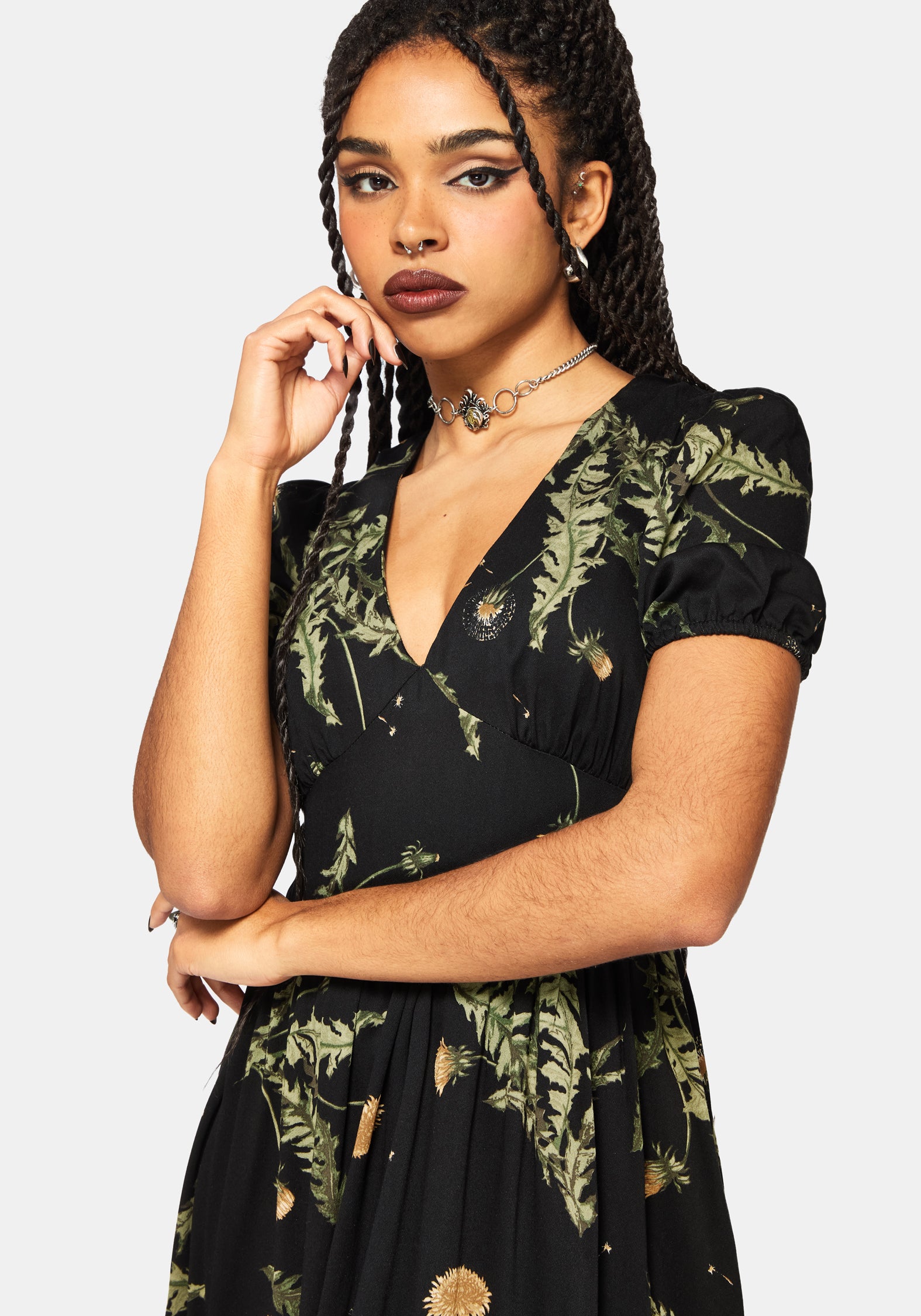 Cimora Löwenzahn Druck Puffärmel Ärmel Maxi Kleid
