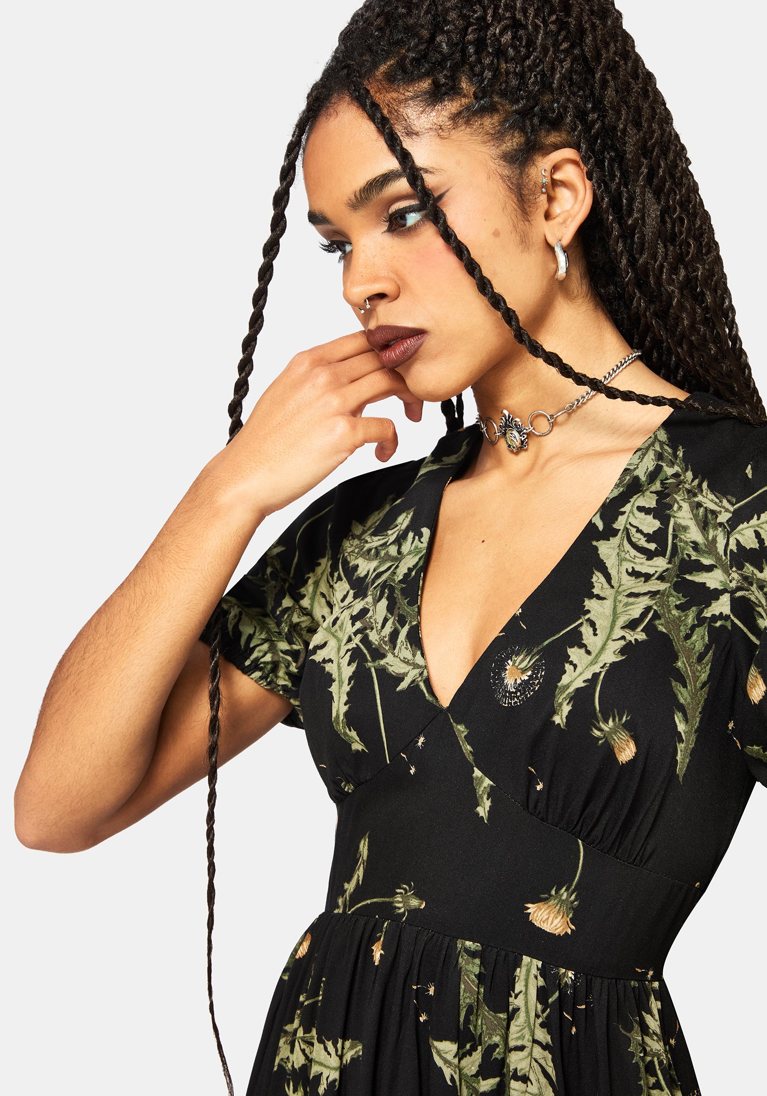 Cimora Löwenzahn Druck Puffärmel Ärmel Maxi Kleid