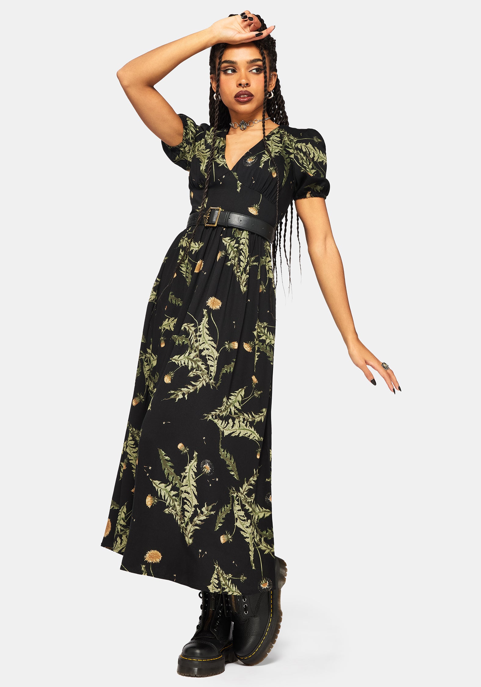 Cimora Löwenzahn Druck Puffärmel Ärmel Maxi Kleid